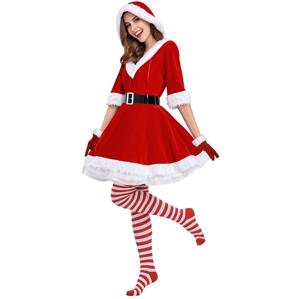 8218 Mrs. Claus Dress Set Velvet Hooded Christmas Santa Dress with Gloves